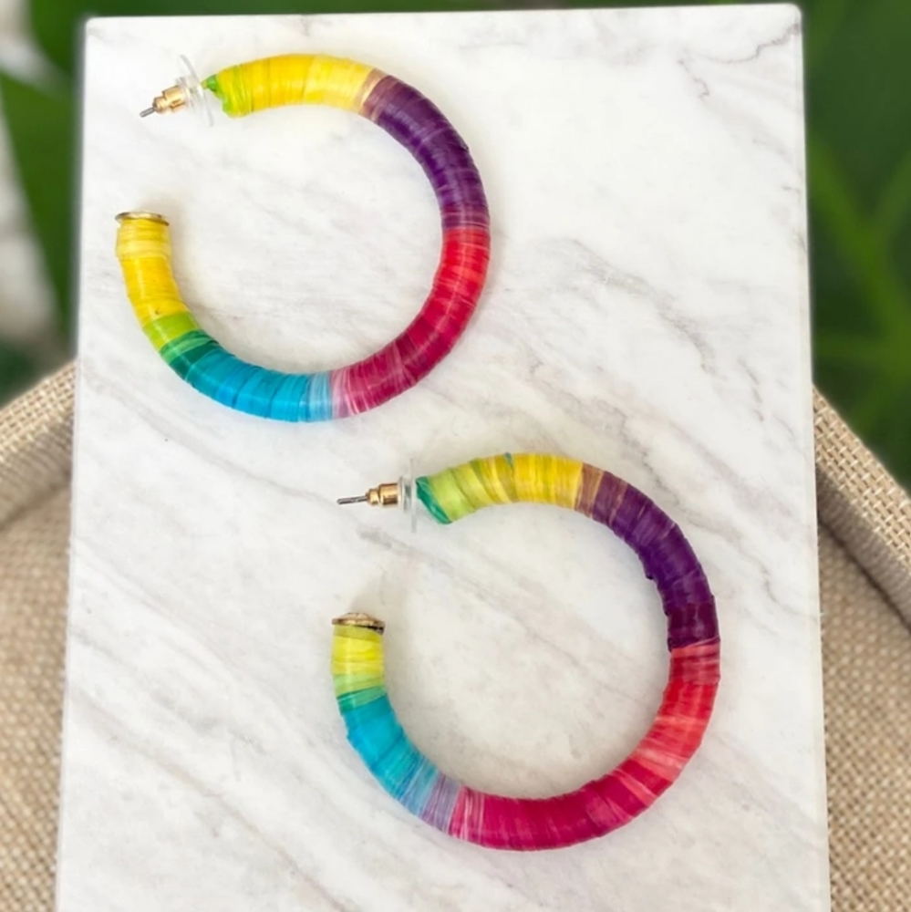 Raffia Wrap Hoop Earrings- Dark Multi